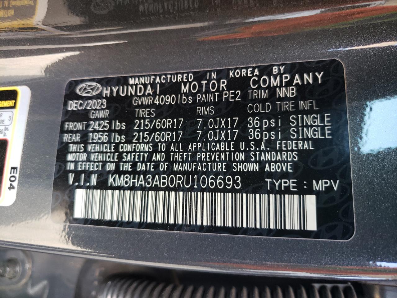 2024 HYUNDAI KONA SE VIN:KM8HA3AB0RU106693