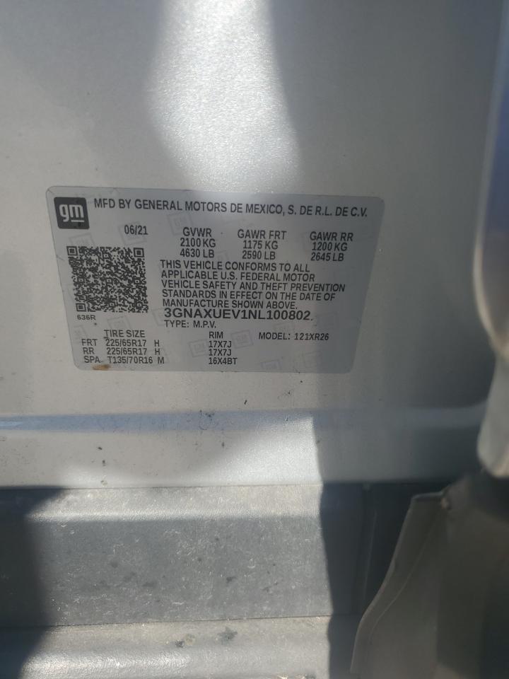 2022 CHEVROLET EQUINOX LT VIN:3GNAXUEV1NL100802