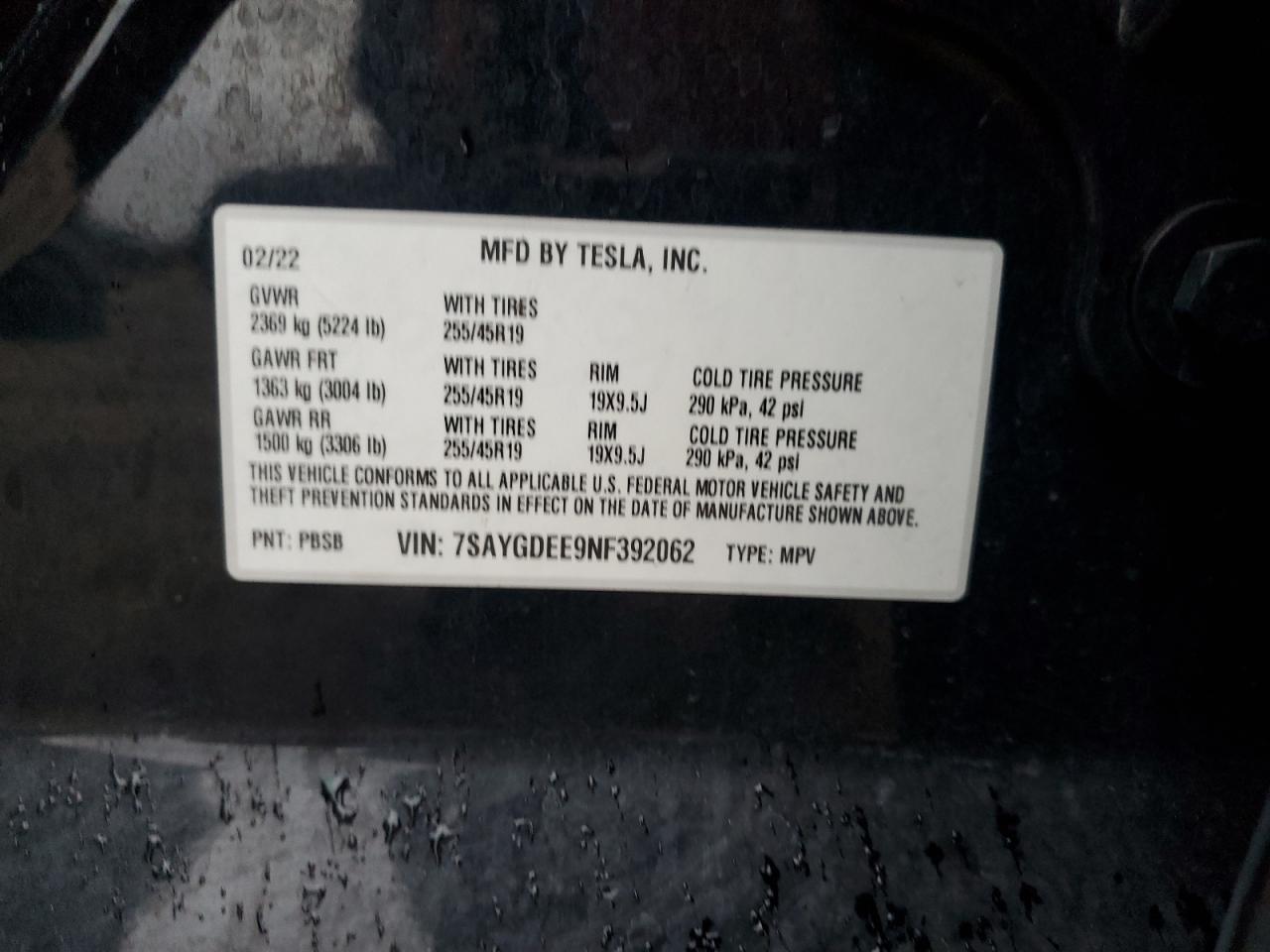 2022 TESLA MODEL Y  VIN:7SAYGDEE9NF392062