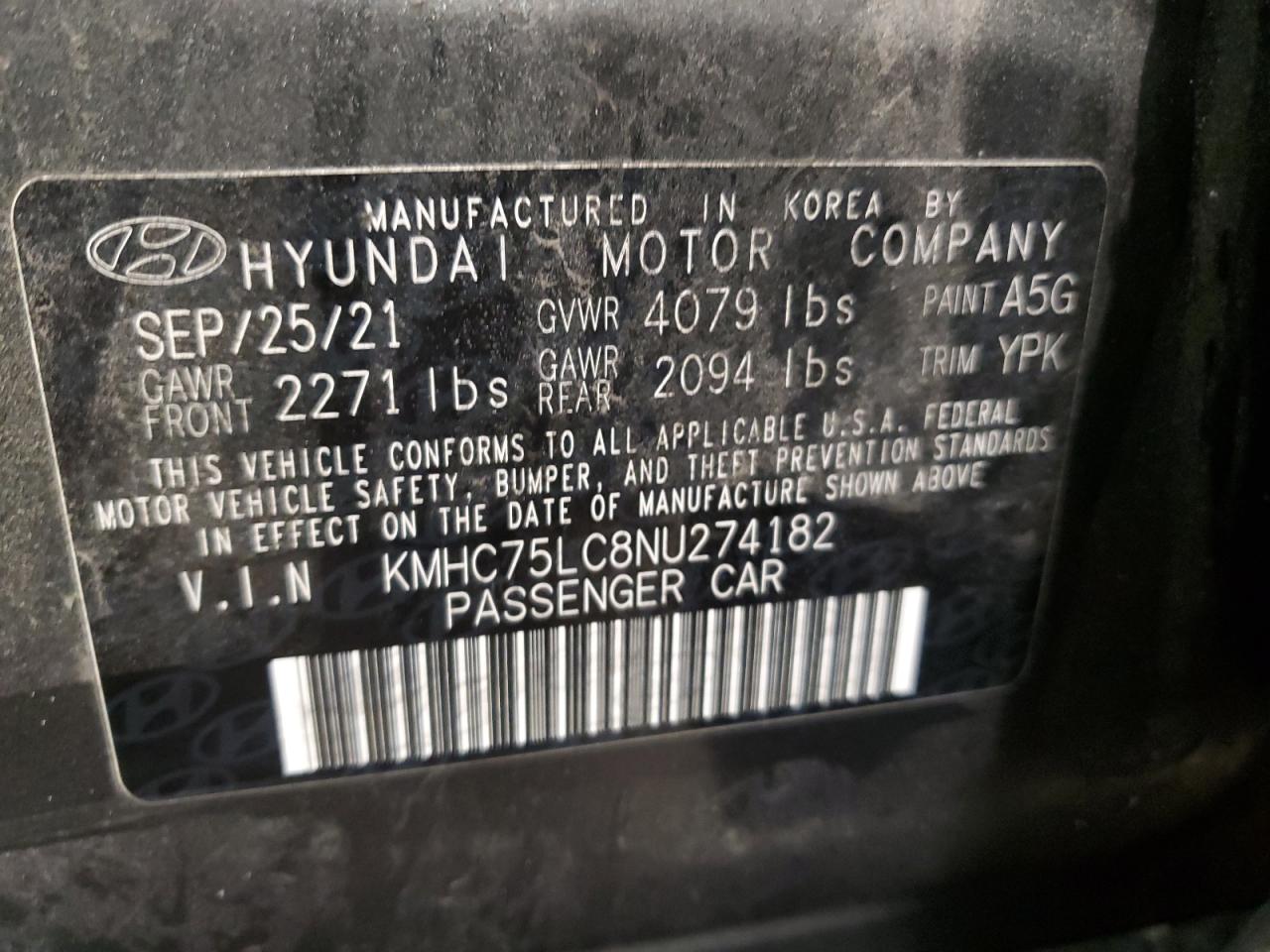 2022 HYUNDAI IONIQ SE VIN:KMHC75LC8NU274182