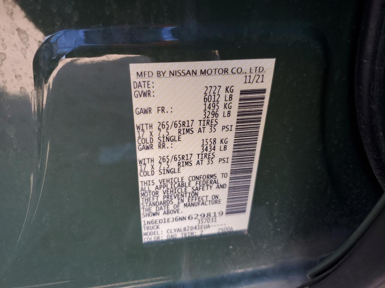 2022 NISSAN FRONTIER S VIN:1N6ED1EJ6NN629819
