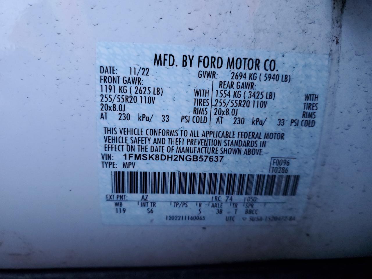 2022 FORD EXPLORER XLT VIN:1FMSK8DH2NGB57637