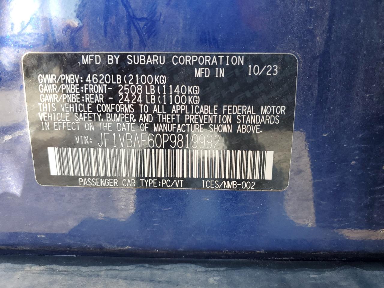 2023 SUBARU WRX PREMIUM VIN:JF1VBAF60P9819992