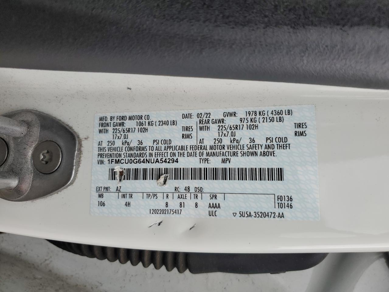 2022 FORD ESCAPE SE VIN:1FMCU0G64NUA54294