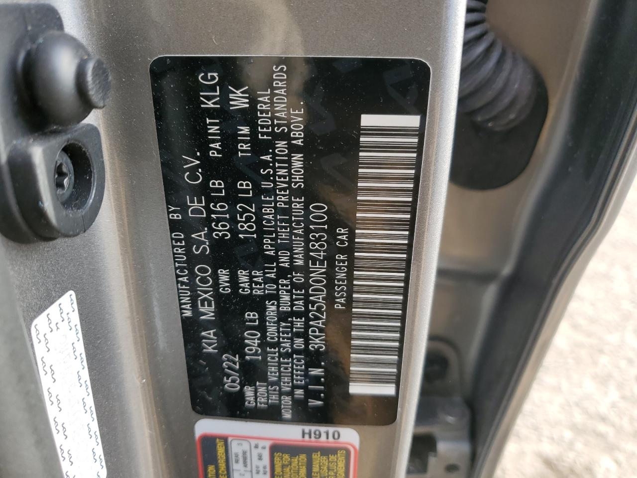 2022 KIA RIO S VIN:3KPA25AD0NE483100