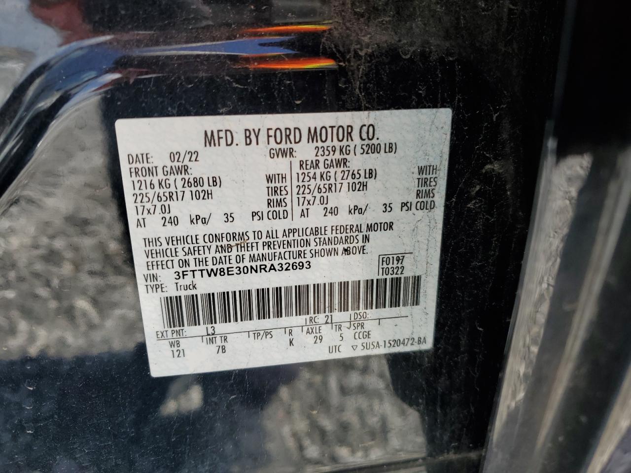 2022 FORD MAVERICK XL VIN:3FTTW8E30NRA32693