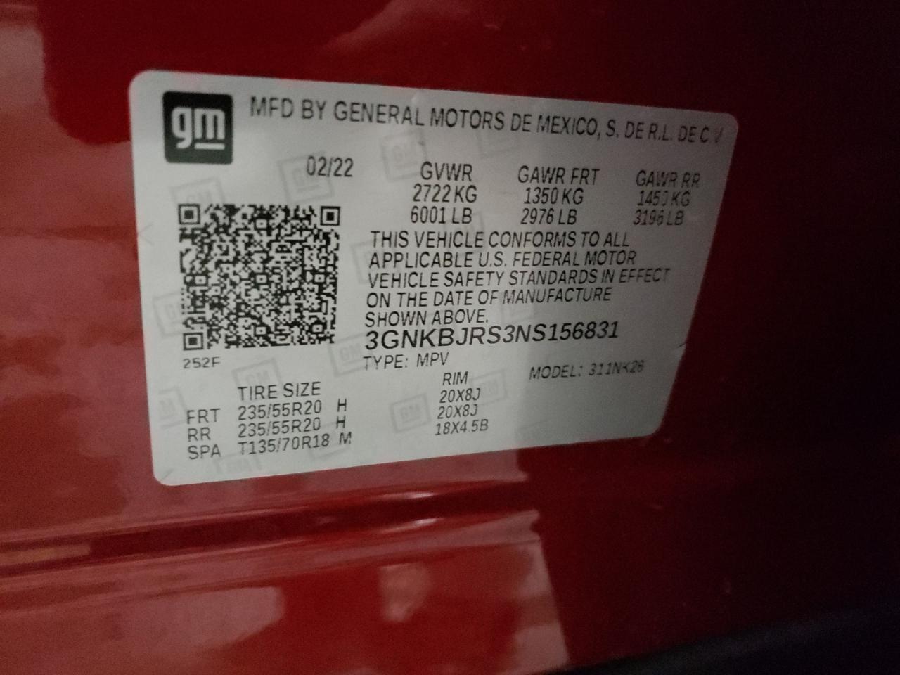 2022 CHEVROLET BLAZER 3LT VIN:3GNKBJRS3NS156831