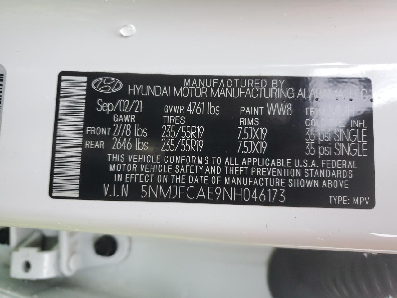 2022 HYUNDAI TUCSON SEL VIN:5NMJFCAE9NH046173