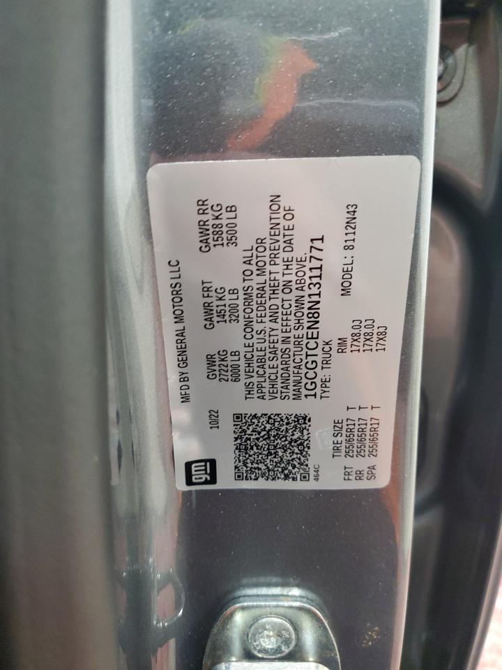 2022 CHEVROLET COLORADO LT VIN:1GCGTCEN8N1311771