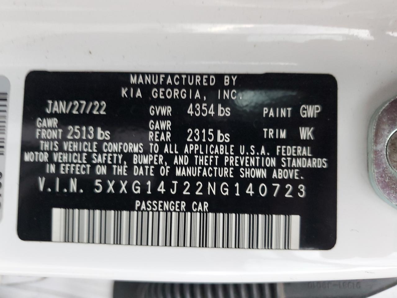 2022 KIA K5 LXS VIN:5XXG14J22NG140723