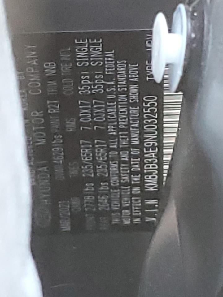 2022 HYUNDAI TUCSON SEL VIN:KM8JB3AE9NU032550