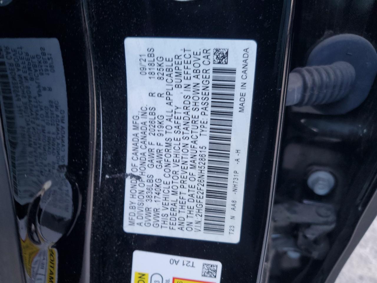 2022 HONDA CIVIC LX VIN:2HGFE2F26NH528615