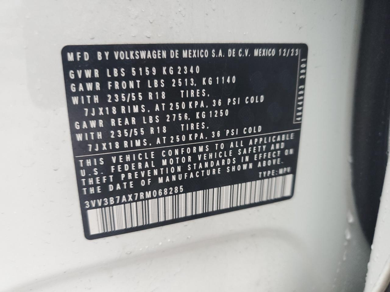 2024 VOLKSWAGEN TIGUAN SE VIN:3VV3B7AX7RM068285