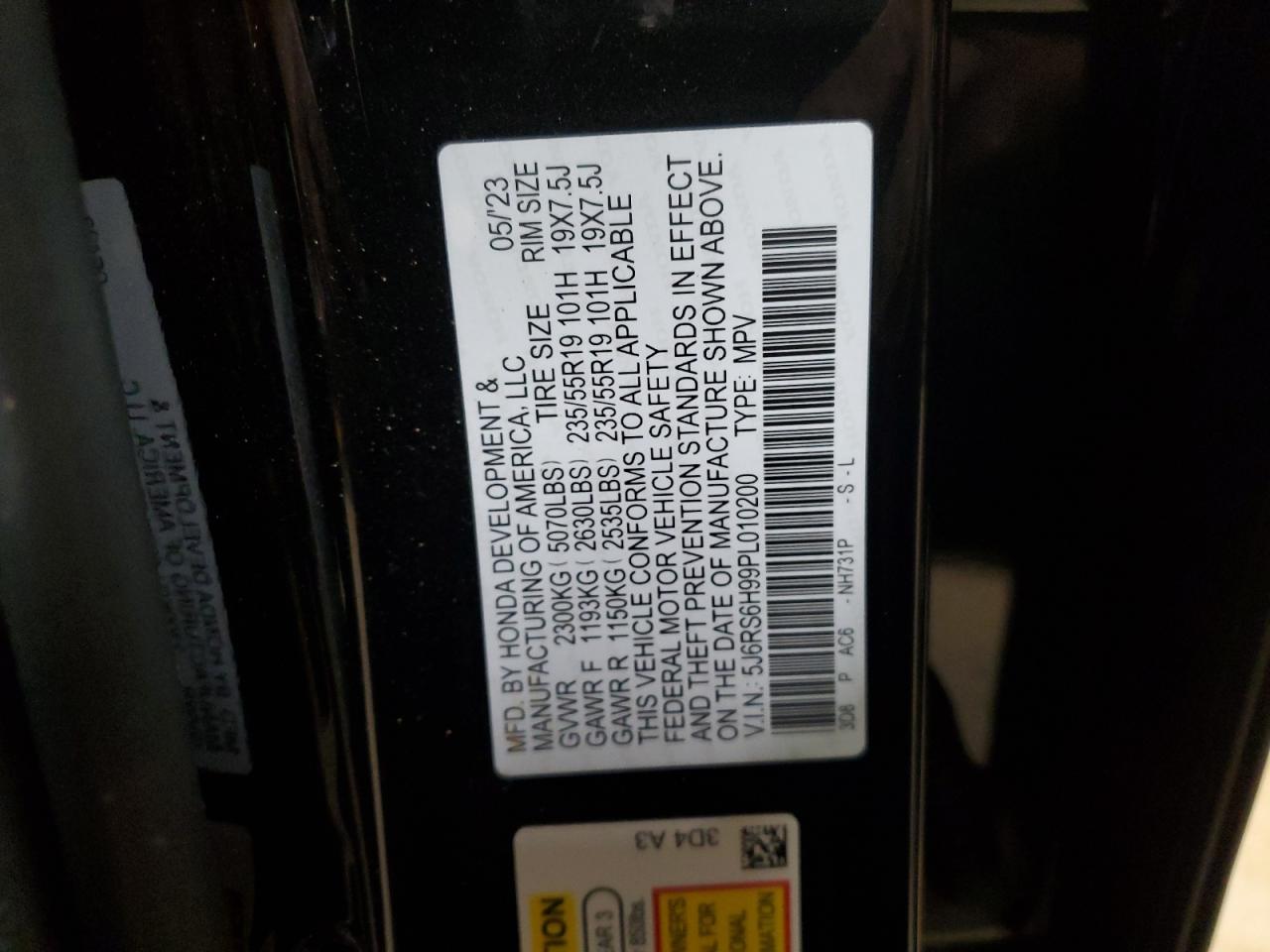 2023 HONDA CR-V SPORT TOURING VIN:5J6RS6H99PL010200