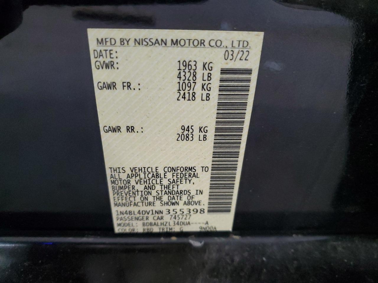 2022 NISSAN ALTIMA SV VIN:1N4BL4DV1NN355398