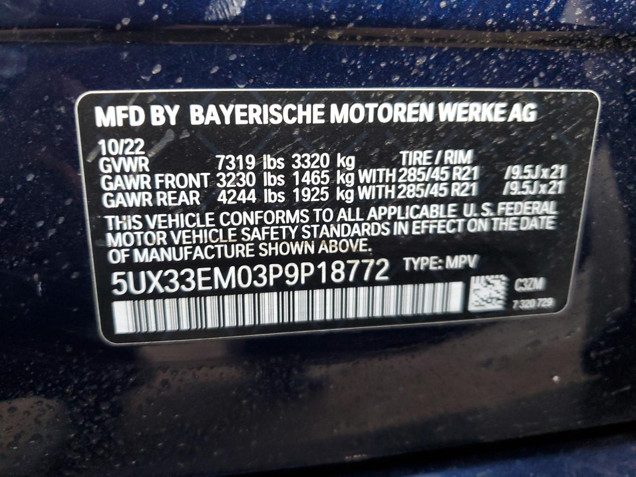 2023 BMW X7 M60I VIN:5UX33EM03P9P18772