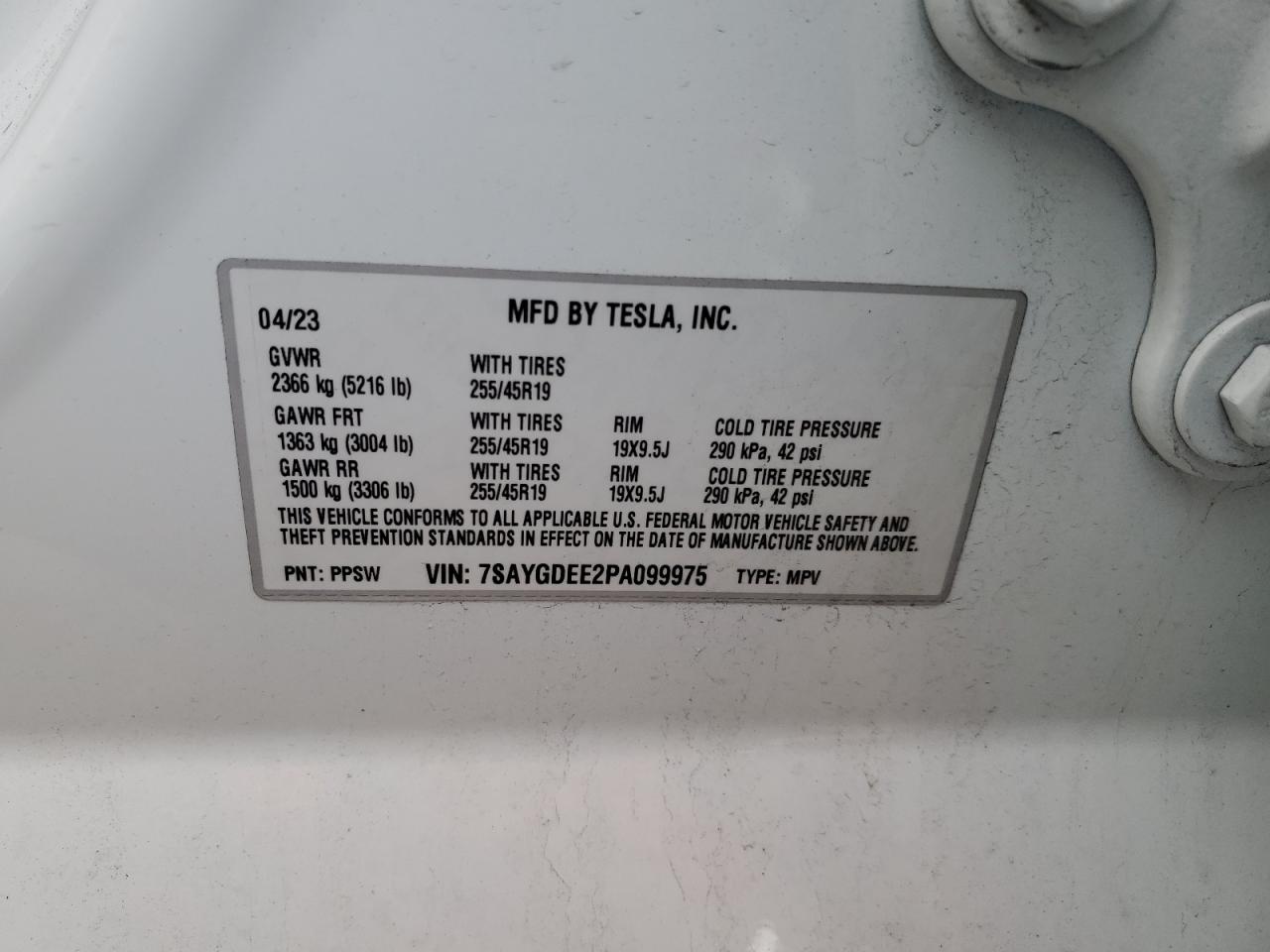 2023 TESLA MODEL Y  VIN:7SAYGDEE2PA099975