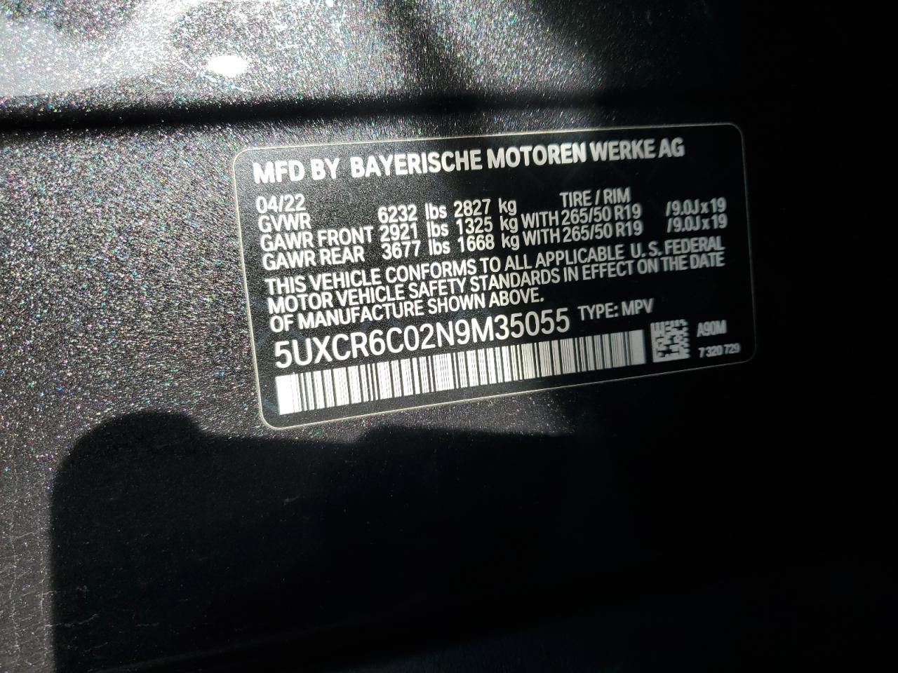 2022 BMW X5 XDRIVE40I VIN:5UXCR6C02N9M35055