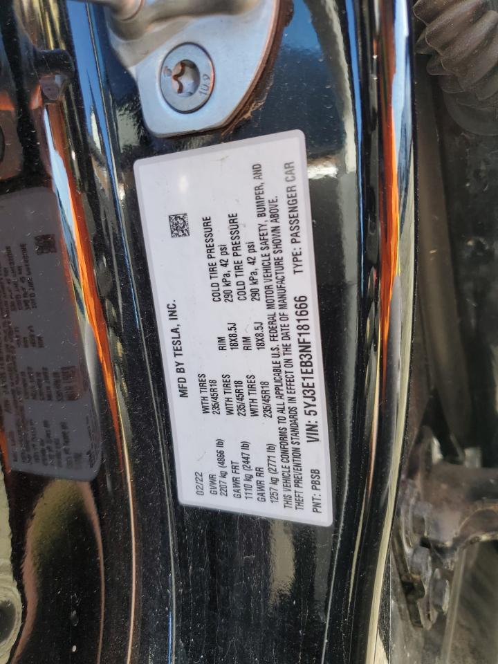 2022 TESLA MODEL 3  VIN:5YJ3E1EB3NF181666