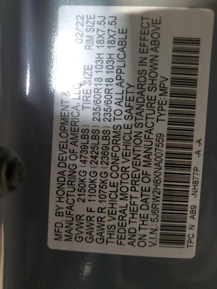 2022 HONDA CR-V EXL VIN:5J6RW2H8XNA007559