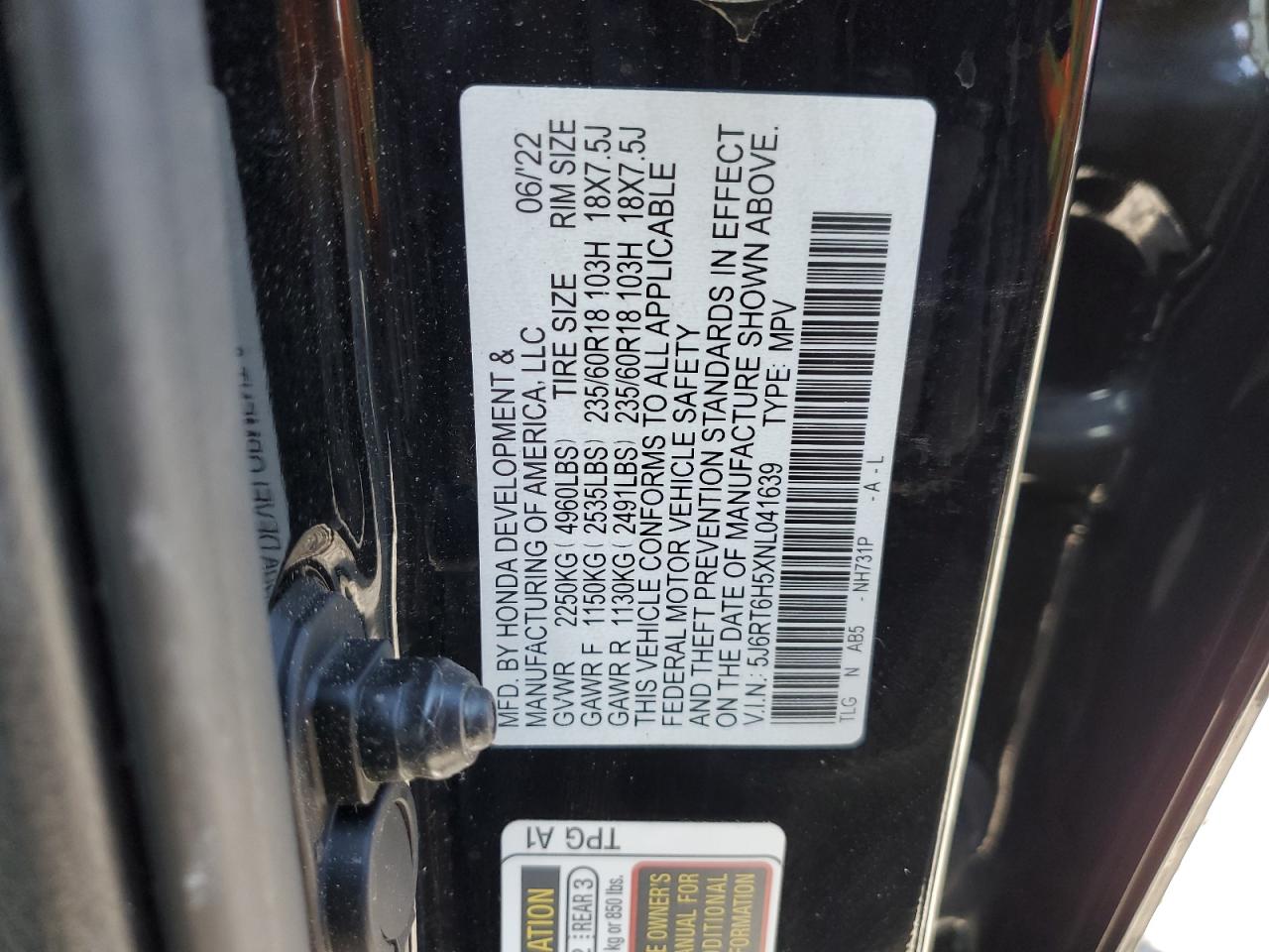2022 HONDA CR-V EX VIN:5J6RT6H5XNL041639