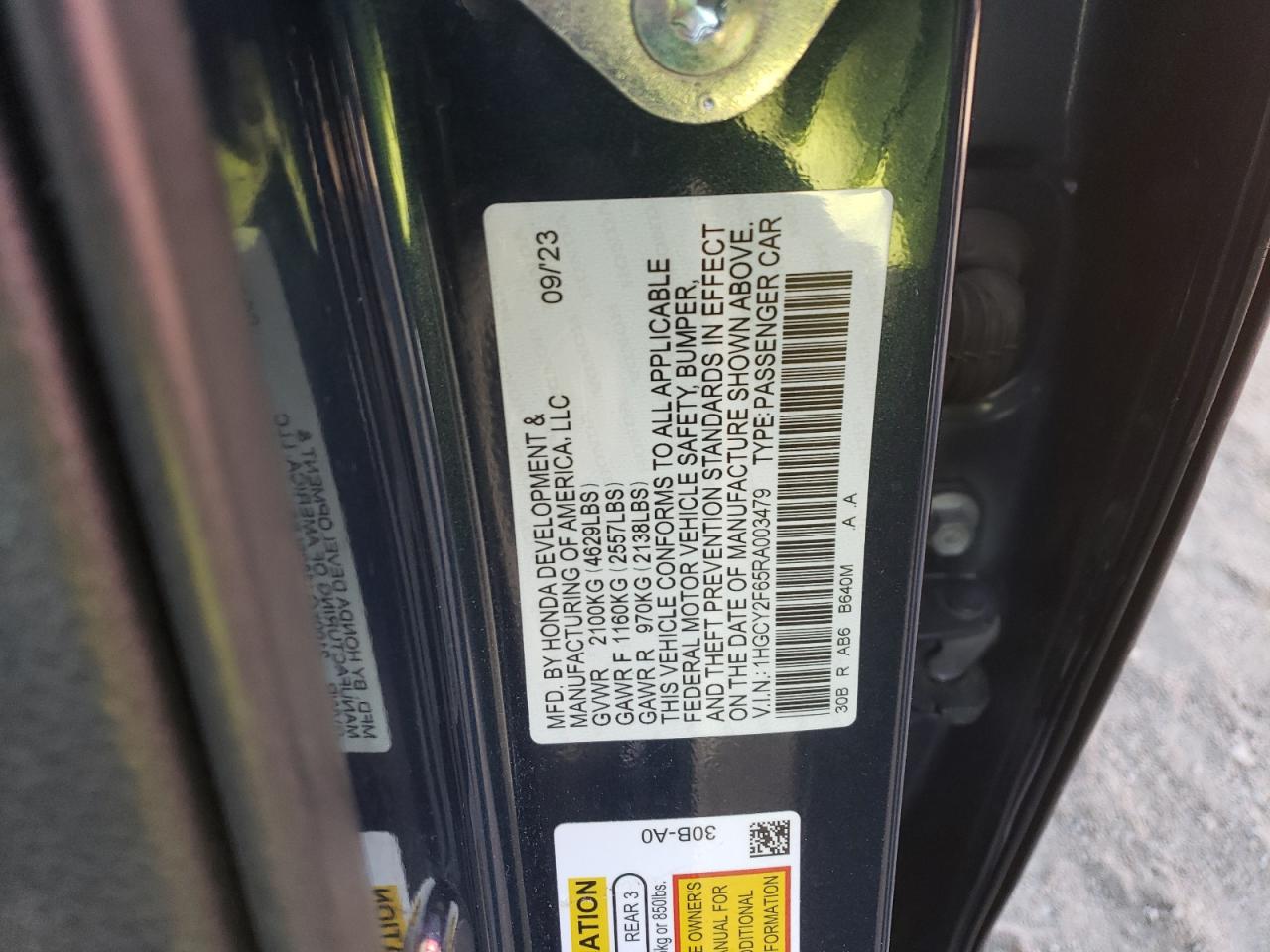 2024 HONDA ACCORD HYBRID EXL VIN:1HGCY2F65RA003479