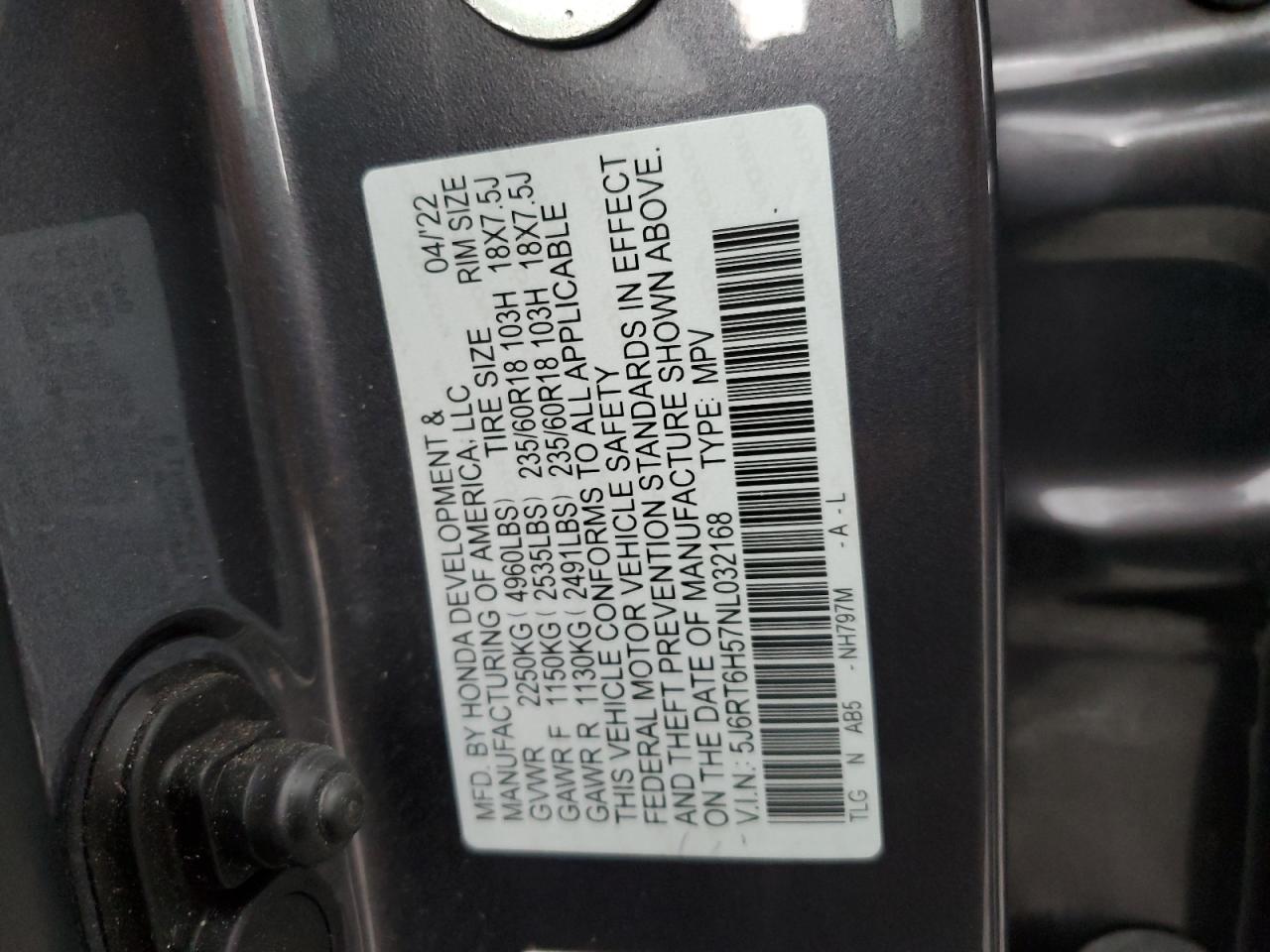 2022 HONDA CR-V EX VIN:5J6RT6H57NL032168