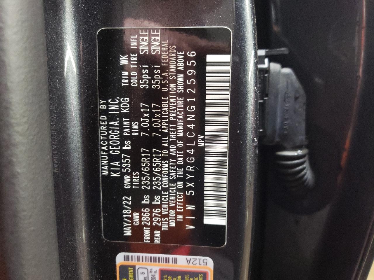 2022 KIA SORENTO LX VIN:5XYRG4LC4NG125956