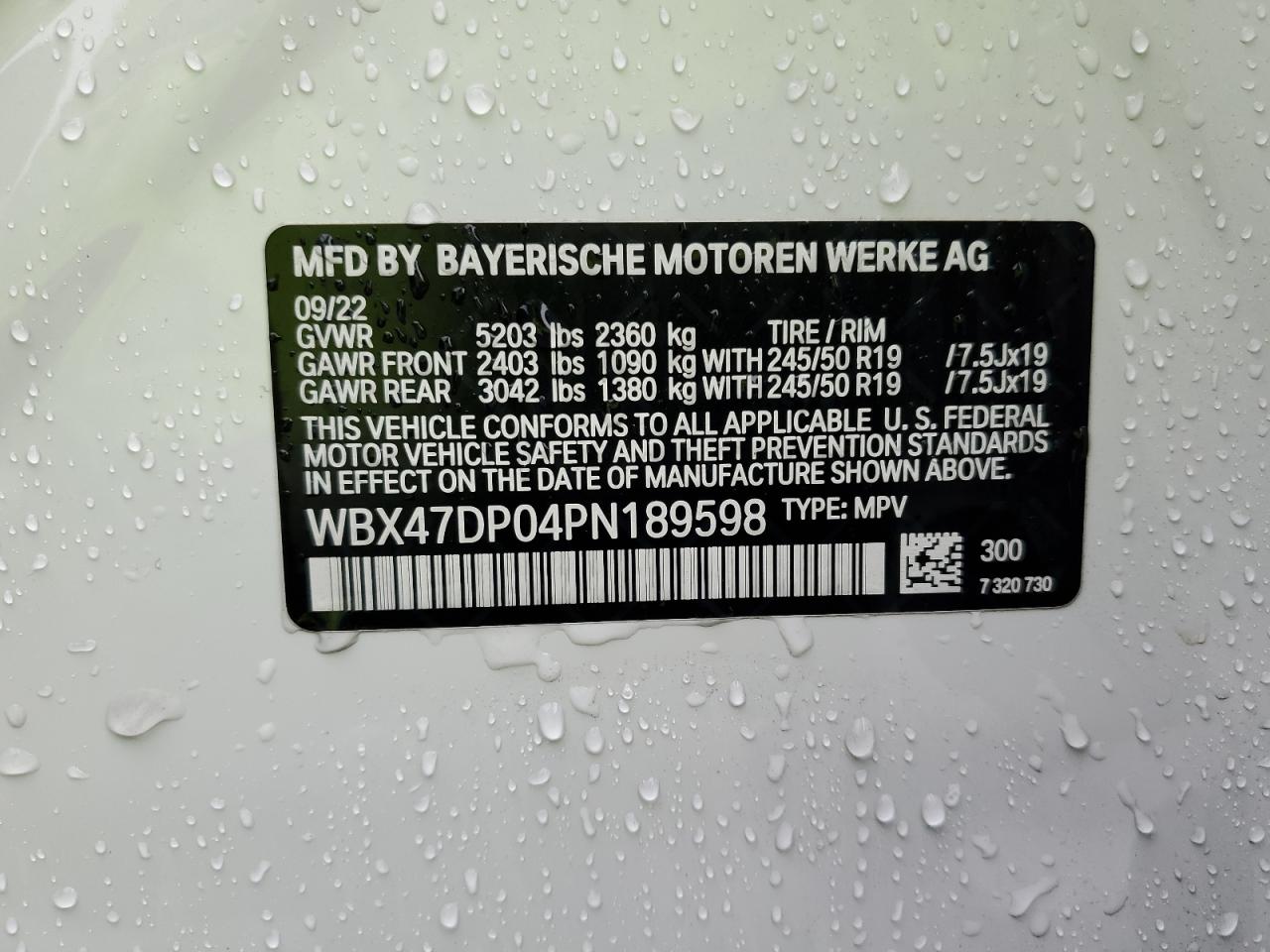 2023 BMW X3 SDRIVE30I VIN:WBX47DP04PN189598