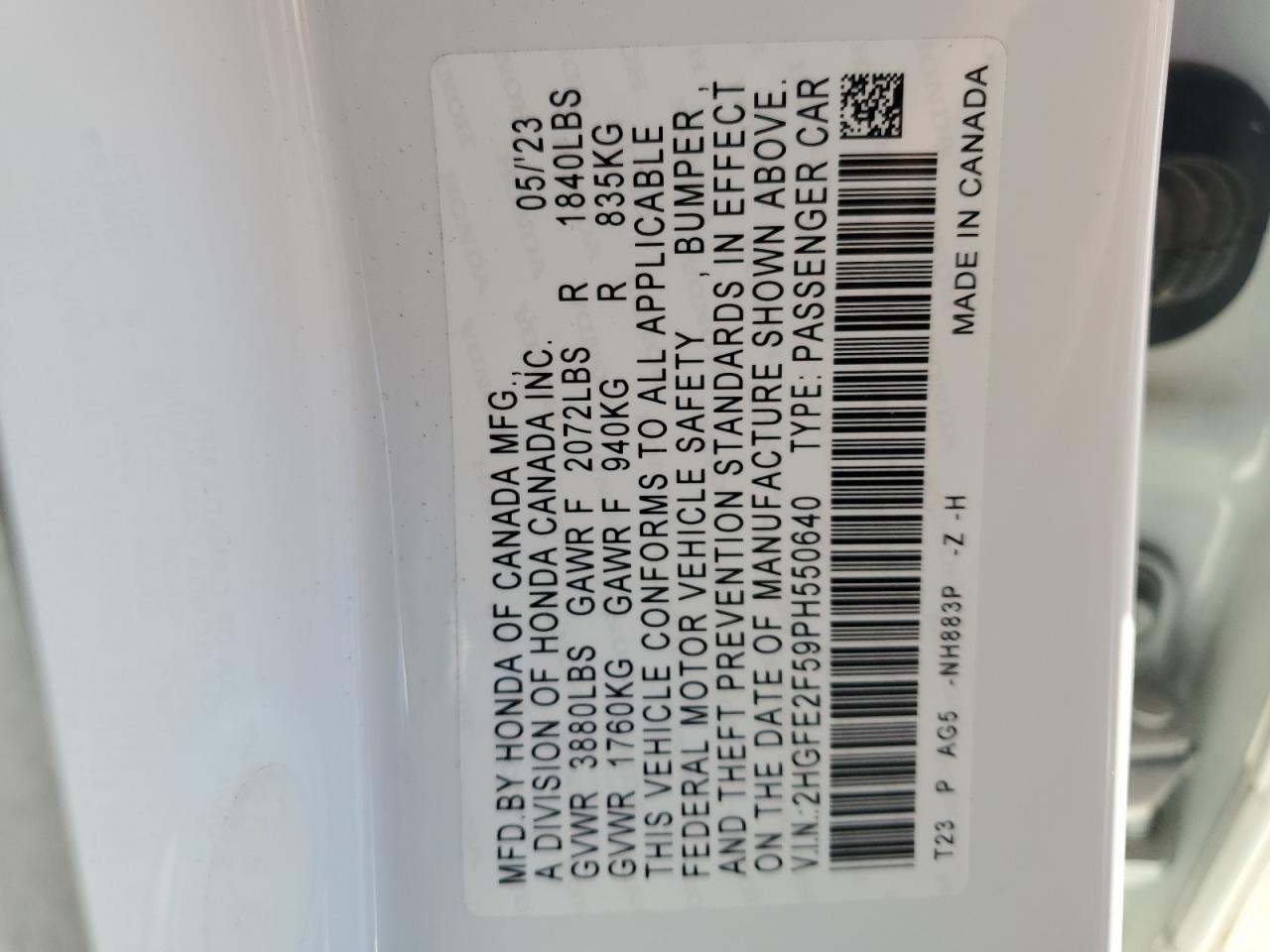 2023 HONDA CIVIC SPORT VIN:2HGFE2F59PH550640