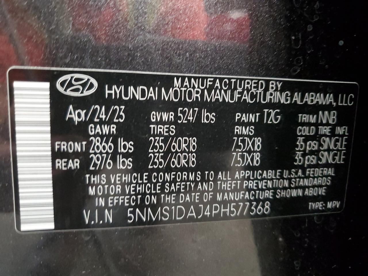 2023 HYUNDAI SANTA FE SE VIN:5NMS1DAJ4PH577368