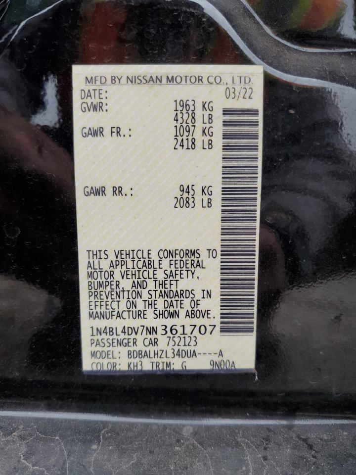 2022 NISSAN ALTIMA SV VIN:1N4BL4DV7NN361707