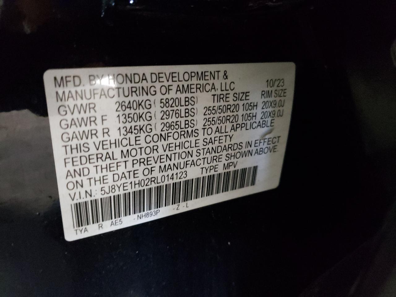 2024 ACURA MDX A-SPEC VIN:5J8YE1H02RL014123