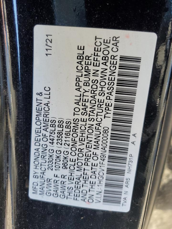 2022 HONDA ACCORD SPORT SE VIN:1HGCV1F49NA000080