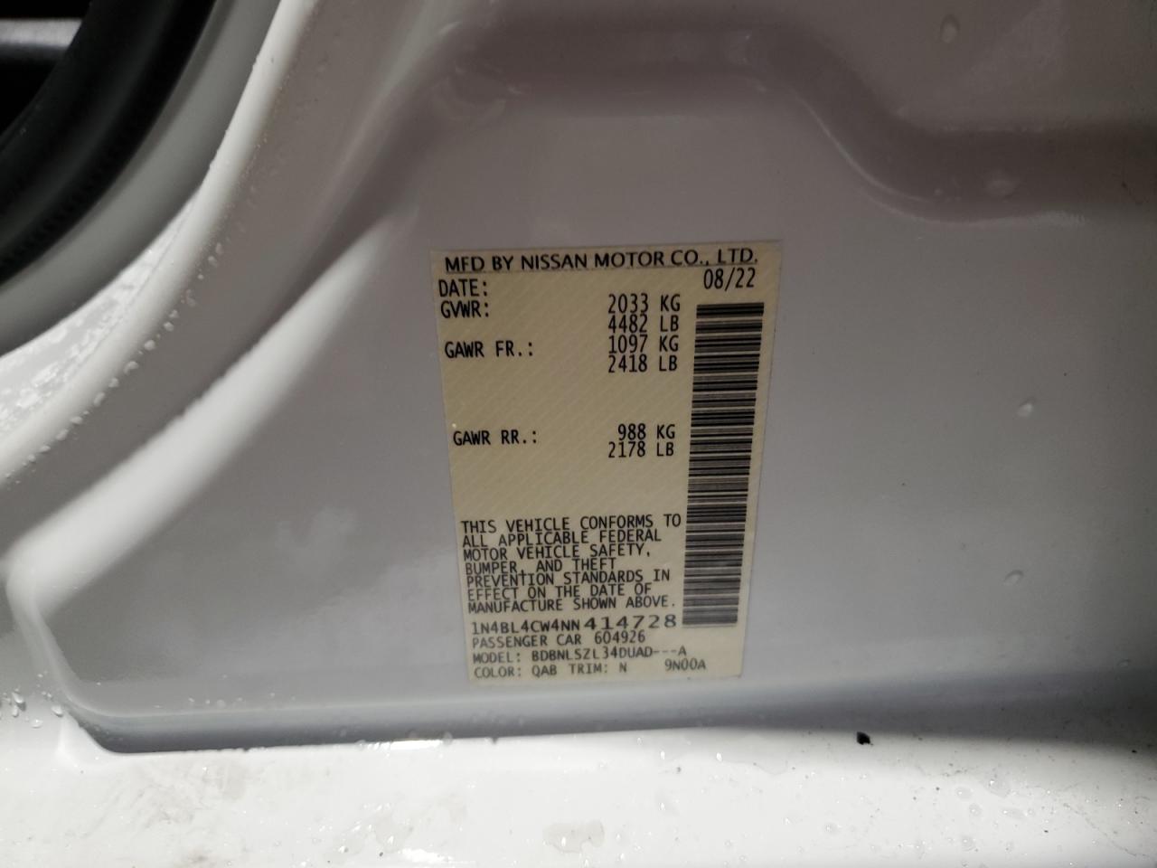2022 NISSAN ALTIMA SR VIN:1N4BL4CW4NN414728