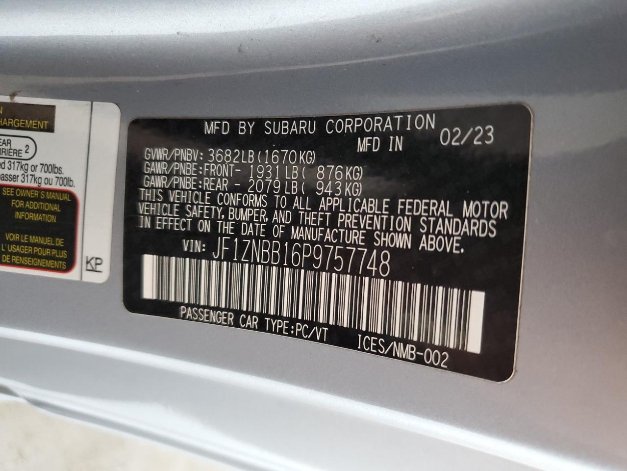 2023 TOYOTA GR 86  VIN:JF1ZNBB16P9757748