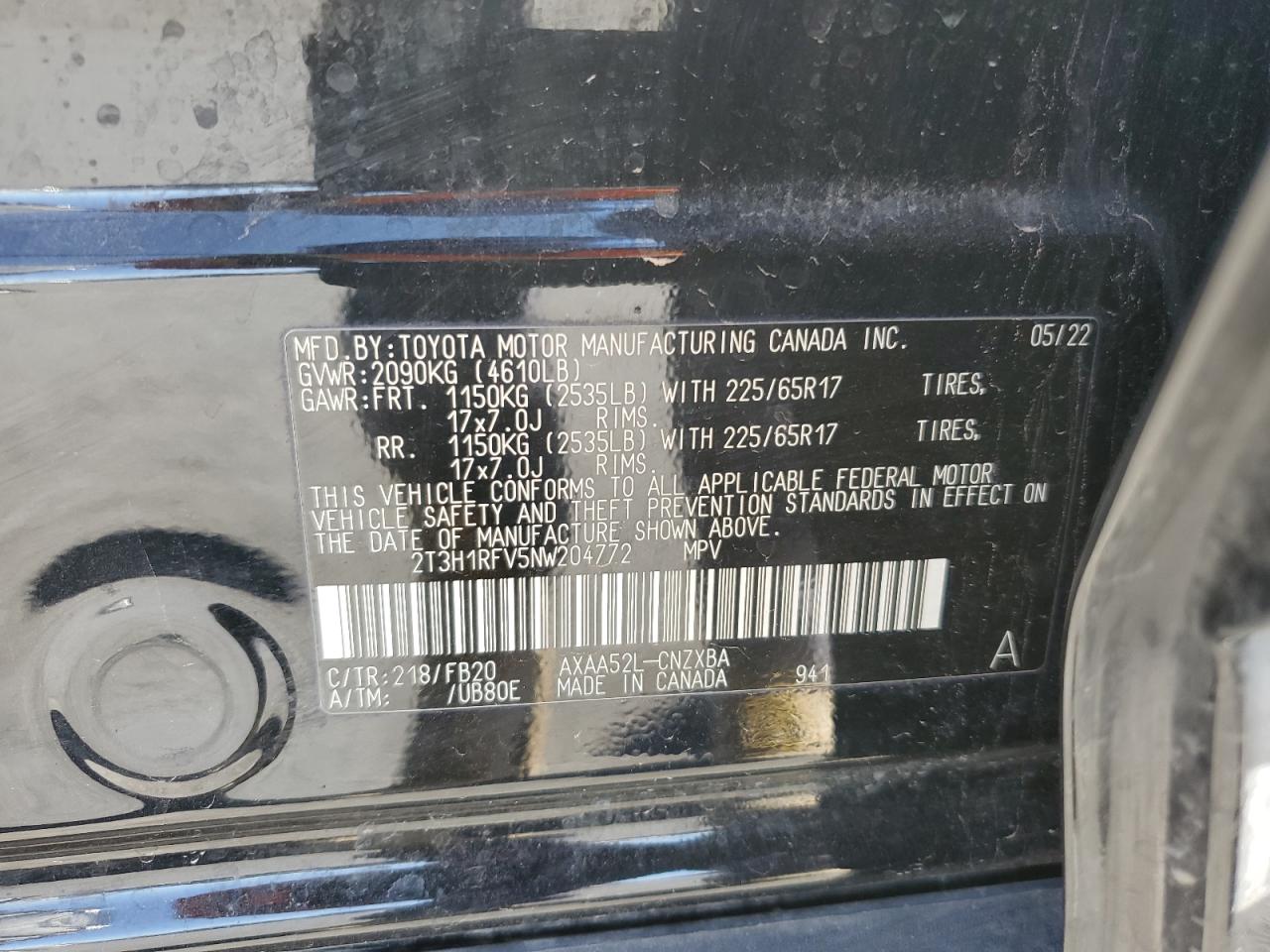 2022 TOYOTA RAV4 LE VIN:2T3H1RFV5NW204772