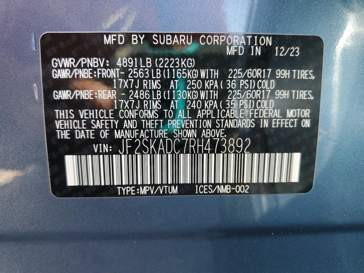 2024 SUBARU FORESTER PREMIUM VIN:JF2SKADC7RH473892