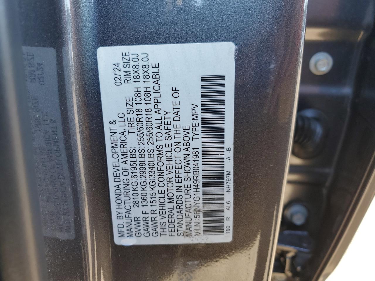 2024 HONDA PILOT EXL VIN:5FNYG1H49RB041981