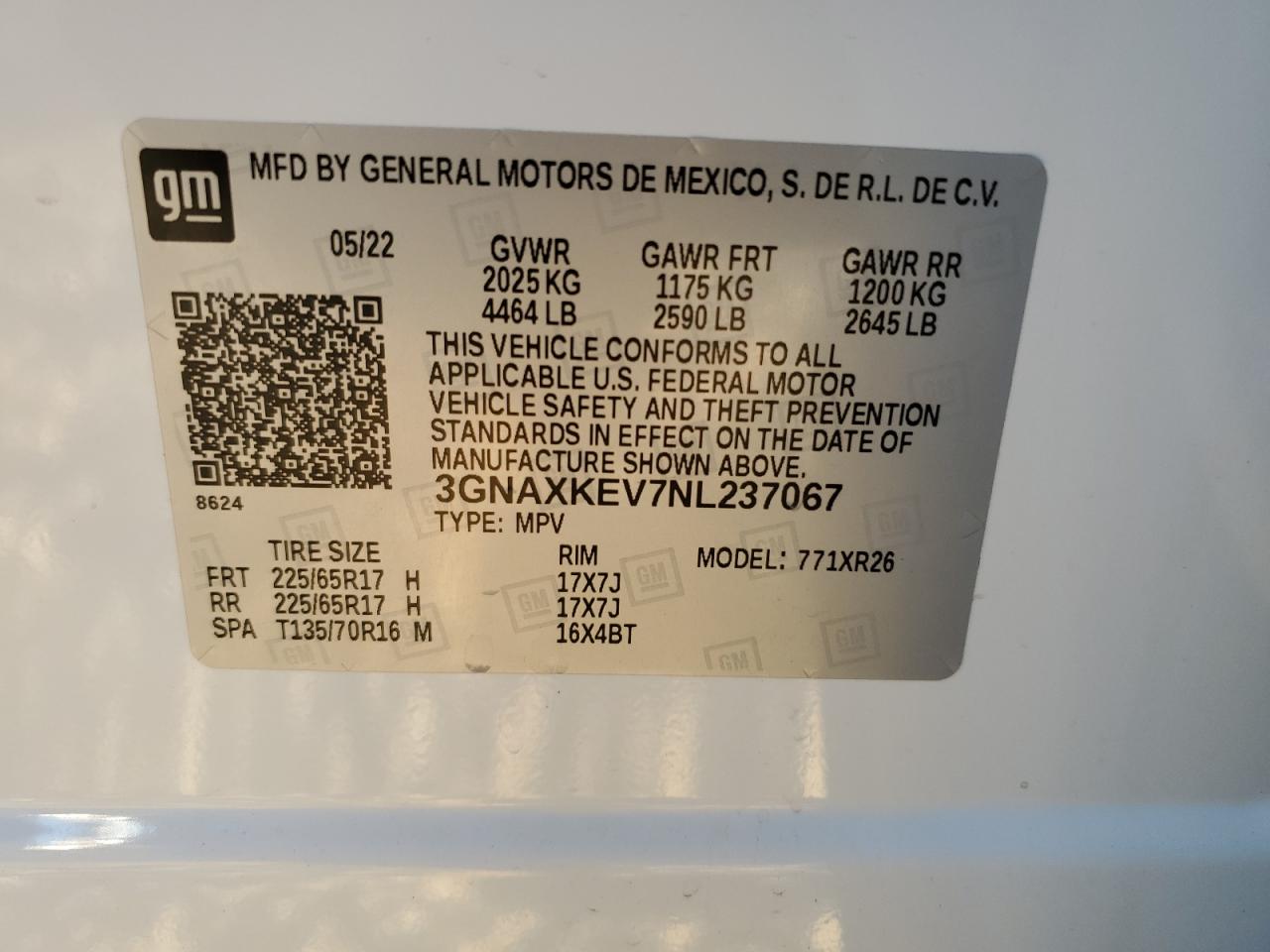 2022 CHEVROLET EQUINOX LT VIN:3GNAXKEV7NL237067