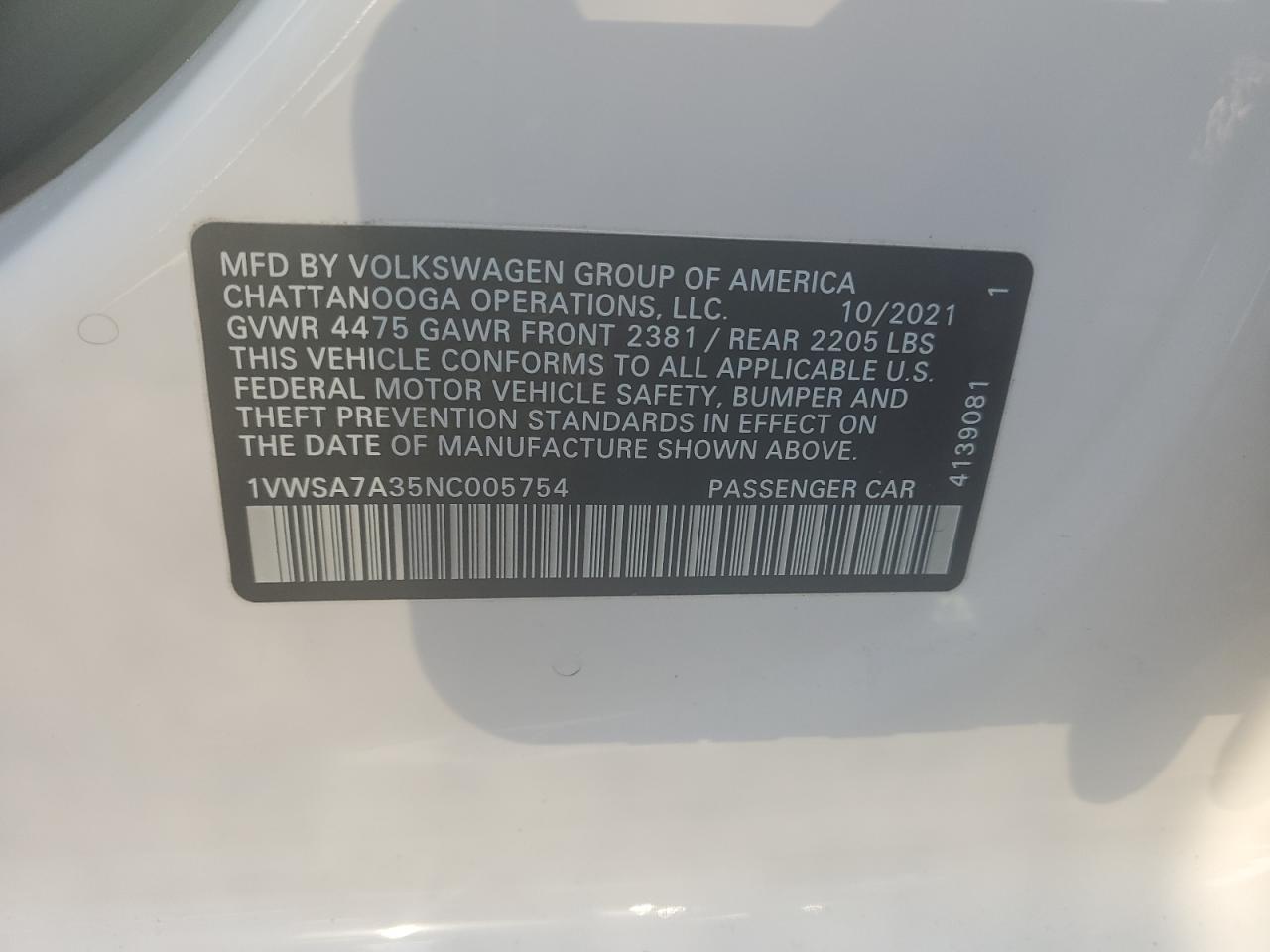 2022 VOLKSWAGEN PASSAT SE VIN:1VWSA7A35NC005754