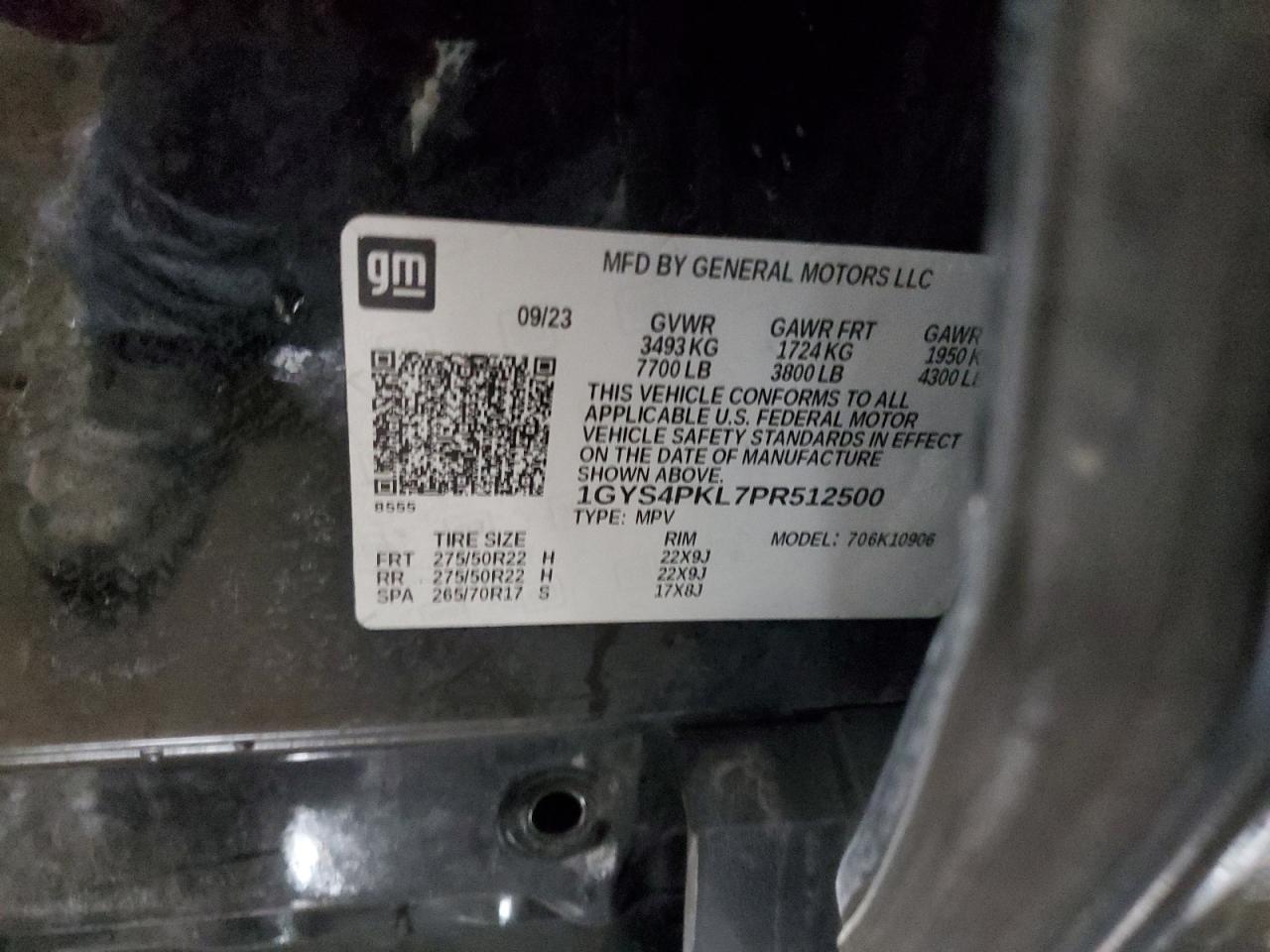 2023 CADILLAC ESCALADE ESV SPORT VIN:1GYS4PKL7PR512500