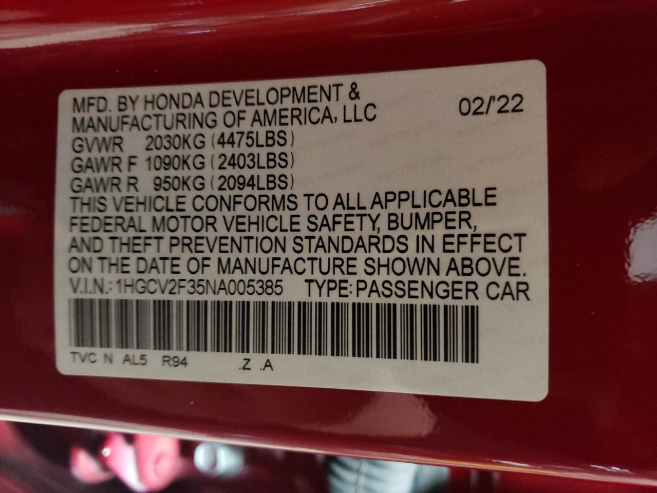 2022 HONDA ACCORD SPORT VIN:1HGCV2F35NA005385