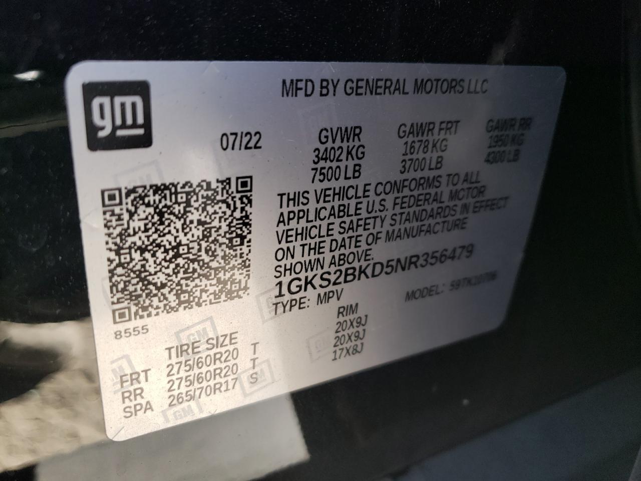 2022 GMC YUKON SLT VIN:1GKS2BKD5NR356479