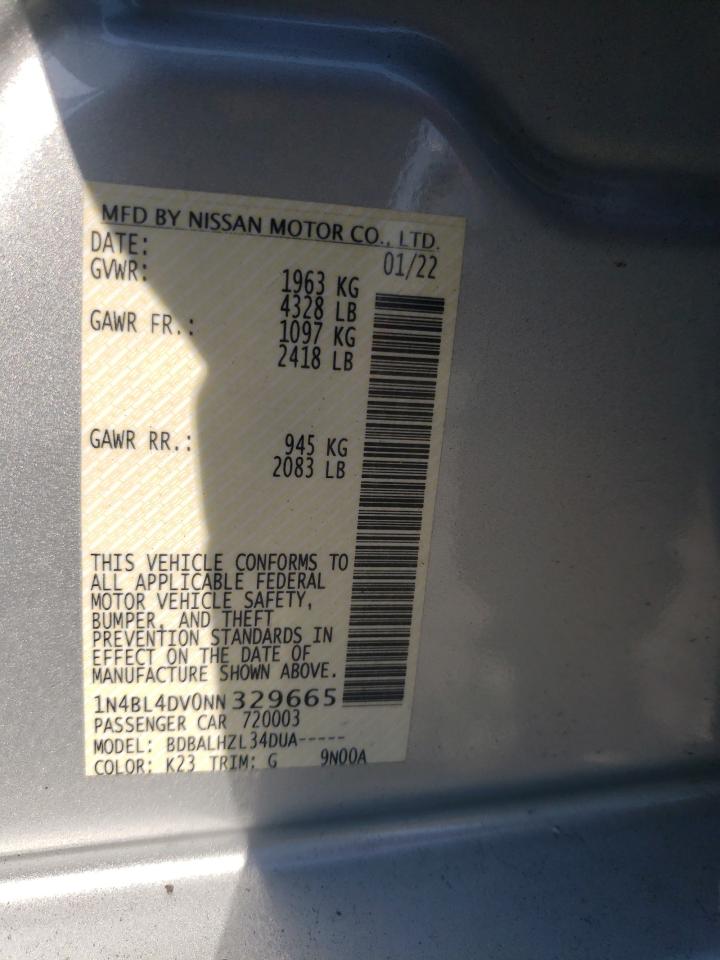 2022 NISSAN ALTIMA SV VIN:1N4BL4DV0NN329665
