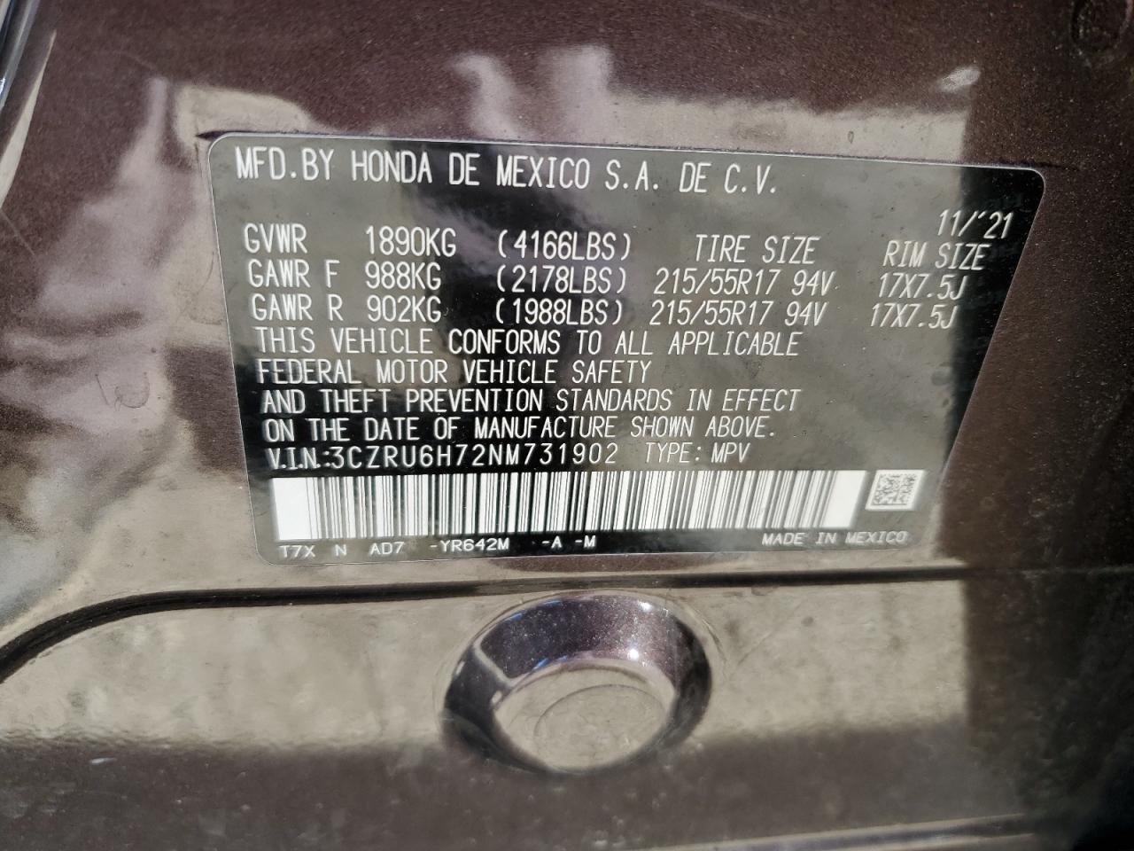 2022 HONDA HR-V EXL VIN:3CZRU6H72NM731902