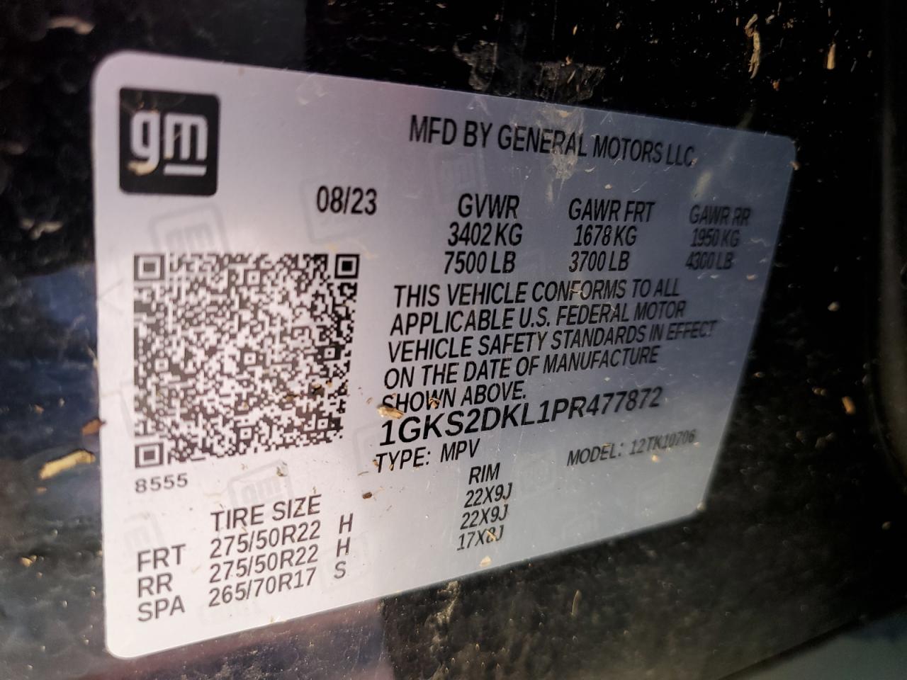 2023 GMC YUKON DENALI VIN:1GKS2DKL1PR477872