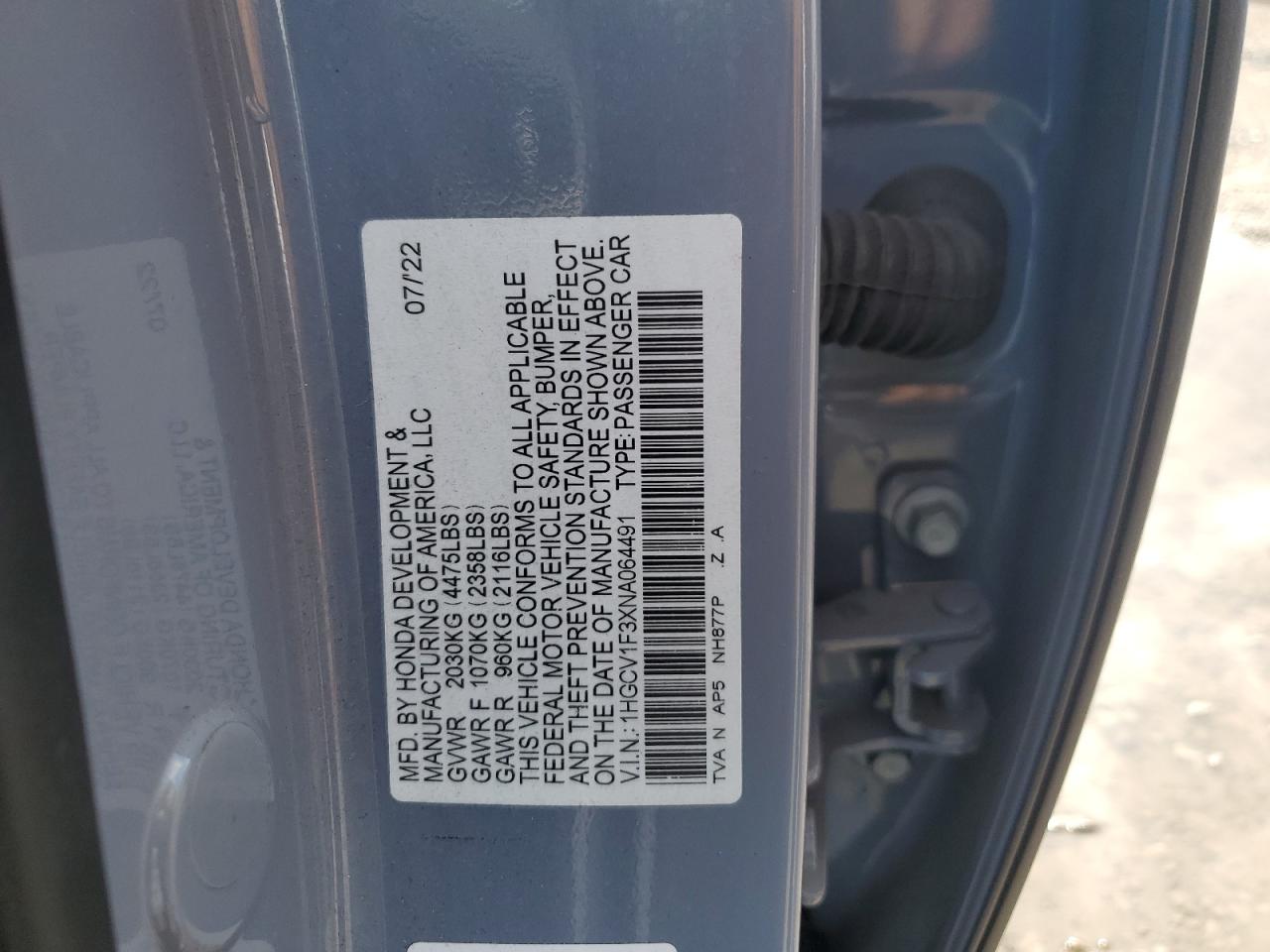 2022 HONDA ACCORD SPORT VIN:1HGCV1F3XNA064491