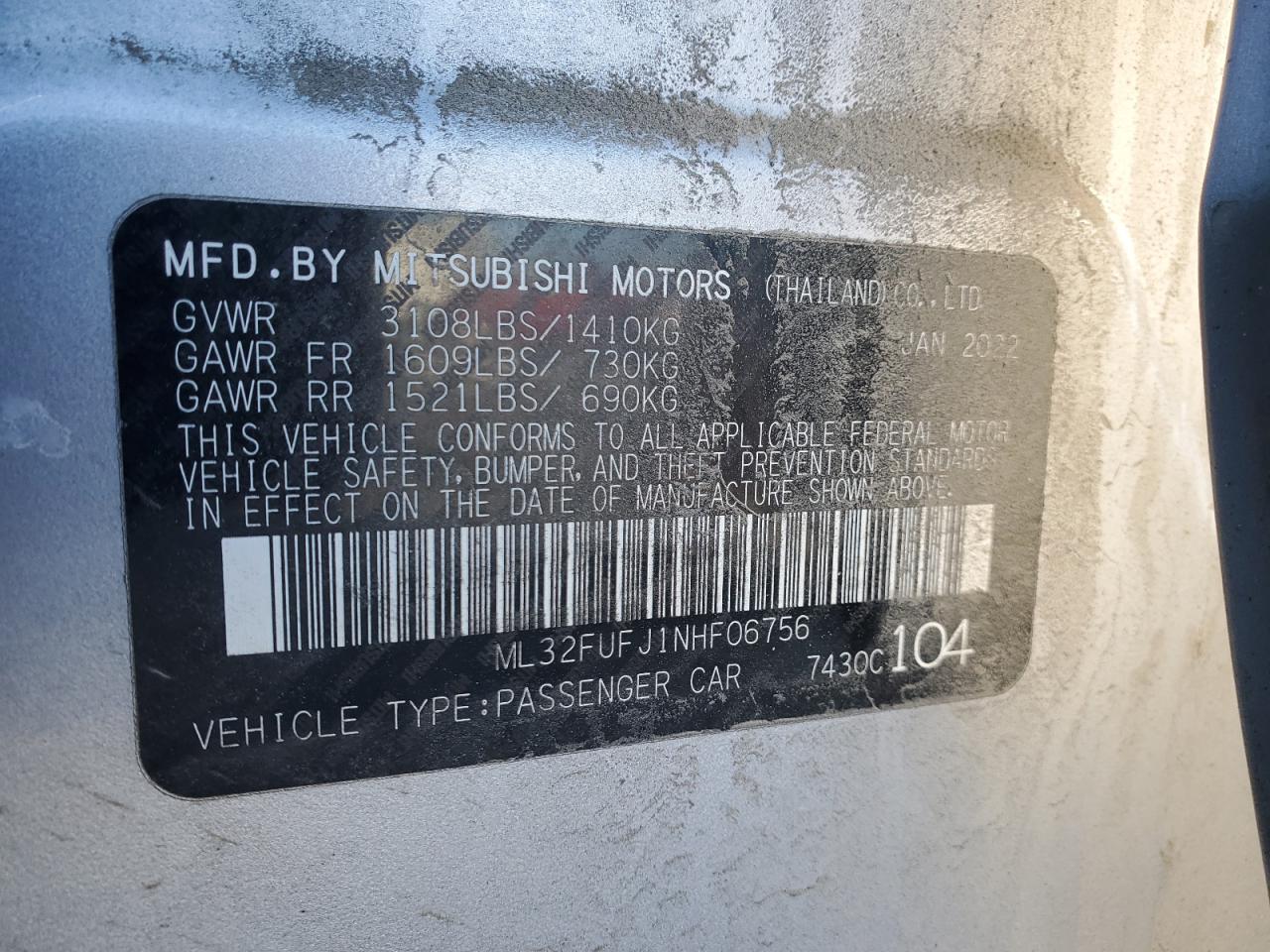 2022 MITSUBISHI MIRAGE G4 ES VIN:ML32FUFJ1NHF06756