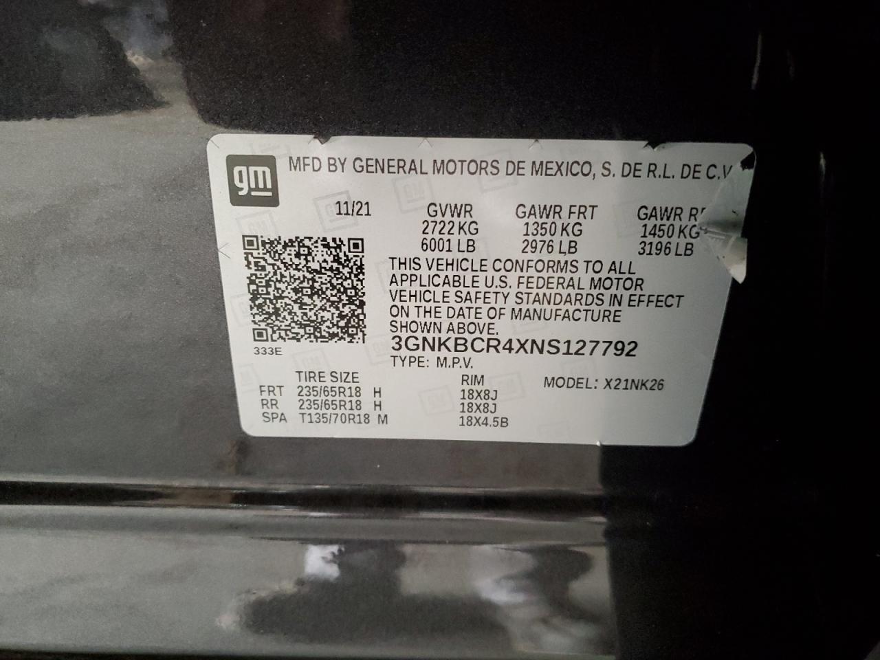 2022 CHEVROLET BLAZER 2LT VIN:3GNKBCR4XNS127792